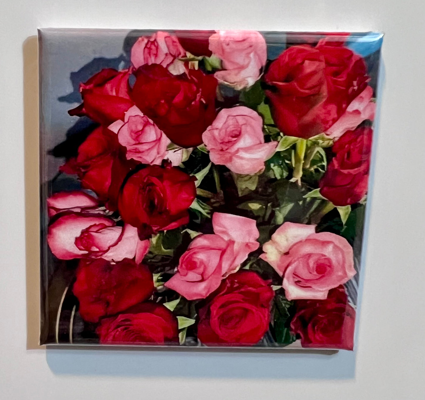 2x2 photo magnet with red and pink roses on a white background