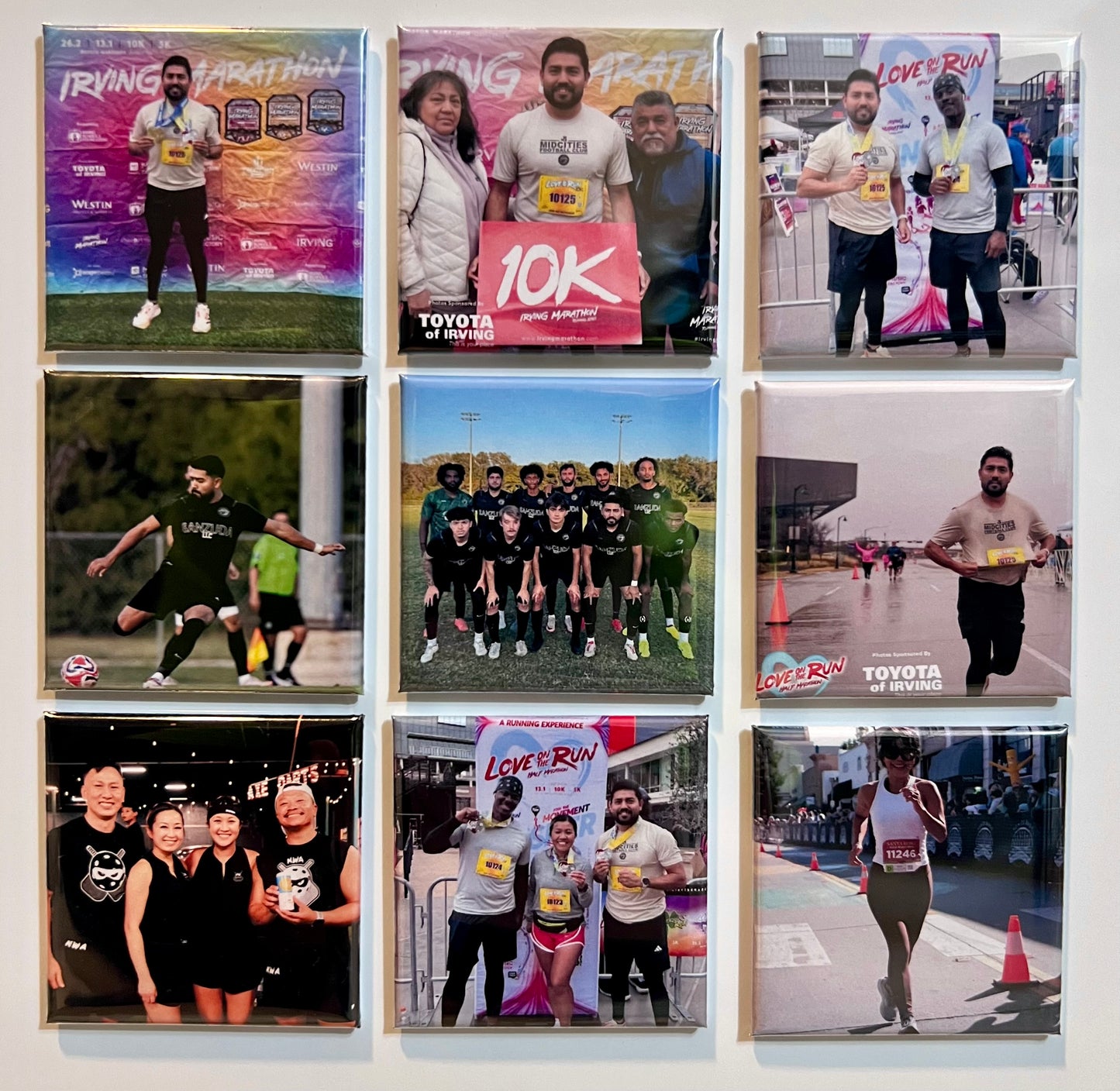 Collage of various photo magnets featuring people at running and sporting events with visible race bibs.