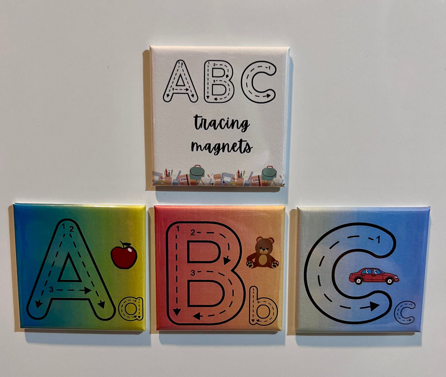 ABC tracing magnets on a white background