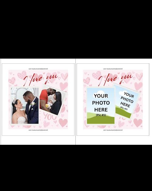 Two photo frames with 'I love you' text and placeholders for photos on a pink heart patterned background.